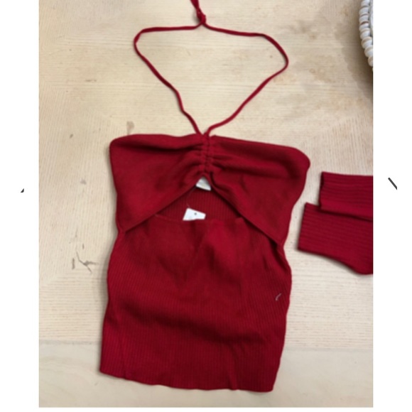 Anthropologie Maeve cut out ribbed halter top raspberry red color stretches NWT - Picture 3 of 7